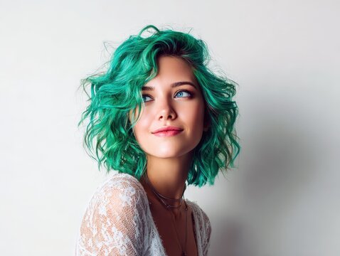Stylish portrait of a young woman with vibrant green short curly hair. Ideal for fashion, beauty, and hair styling websites.