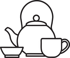 Obraz premium Black outline teapot with cup and bowl white icon