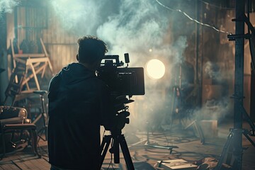 High Definition Visual of a Videographer on a Film Set with a Camera Focused on the Talent