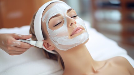 Close-up portrait of beautiful woman getting a gentle facial massage by a beautician. Cosmetologist applying treatment face mask On woman face. Spa treatments, Face peeling mask, facial care.