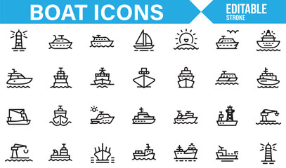 Vector Icon Set Featuring Different Types of Boats and Maritime Transport