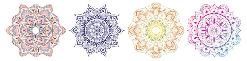 Set of Round gradient mandala vector. Traditional oriental ornament with a concentric gradient. Vector element for applying to objects for yoga, meditation, spiritual practices. Decorative ornament in