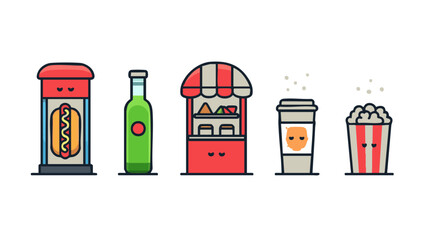 Flat vector illustration of food and drink icons hotdog soda stand coffee popcorn for design and web