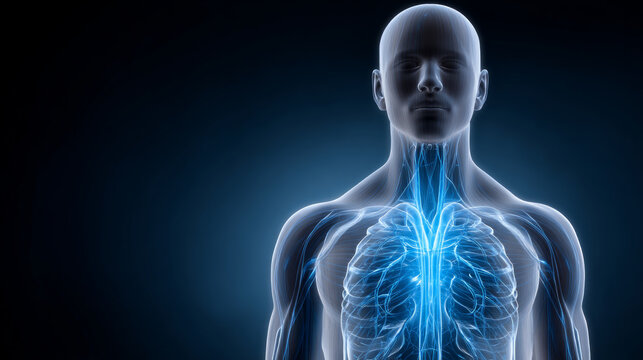 Vagus nerve concept ,Human body anatomy with glowing blue vagus nerve and respiratory system showing calming effect