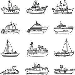 Vessels of the Sea  Hand-Drawn Vector Set of Twelve Ships from Sailboats to Submarines