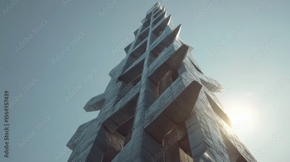 Poster modern, abstract architectural structure reaching skyward against a pale blue sky. sharp angles and 