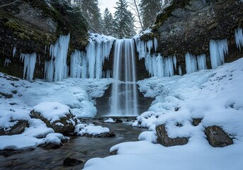 Icy waterfall cascading through a snowy landscape.