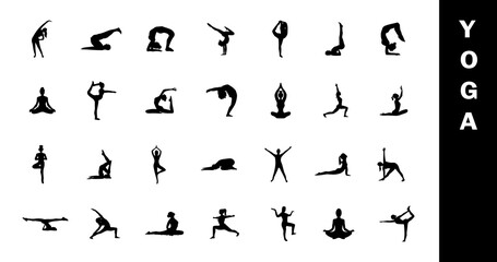 Silhouette of Yoga. set of yoga poses. Hand drawn black sketch female yoga.