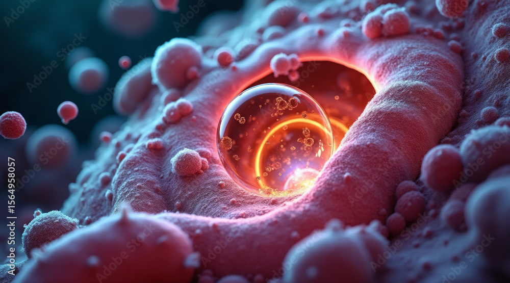 Poster helicobacter pylori concept ,microbe point of view entering stomach environment, showcasing vibrant 