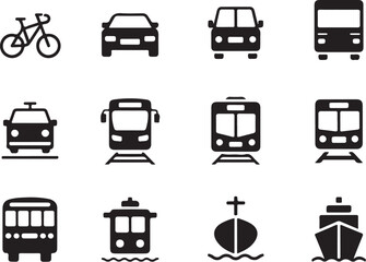Black Transport Icon Set – Land, Sea, and Air Vehicles

