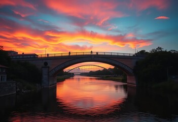 Fototapeta premium Arched bridge over tranquil river, vibrant sunset hues, reflection, beautiful