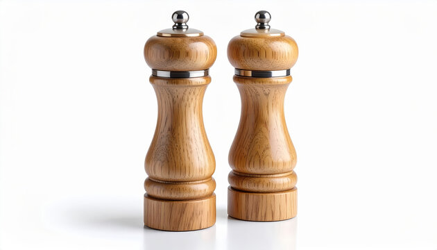 Elegant Wooden Pepper Mills with Silver Accents on a Clean White Surface