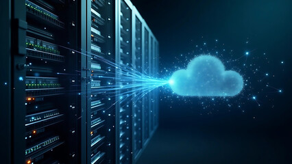 Split-Screen Visualization of Server Rack and Abstract Cloud Network – Cloud Migration Concept