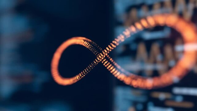 the infinity sign is lit, representing software engineering operations. The concept of development operations, interaction of programmers, engineers, data handling. 4k video