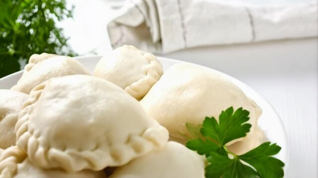 Close-up of several crescent shaped, unfilled dumplings, served on a white plate, garnished with fresh parsley on a plain white surface.