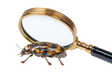  insect being examined with  magnifying glass  isolated on white background
