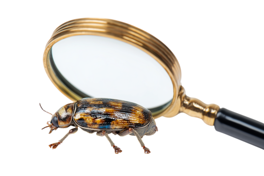  insect being examined with  magnifying glass  isolated on white background
