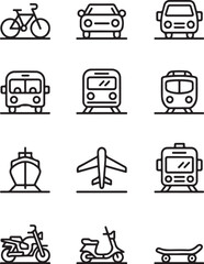 Public Transport Vector Icons – Metro, Bus, Train

