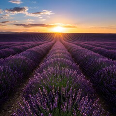 Fototapeta premium Lavender field at sunrise, showcasing vibrant purple hues.
