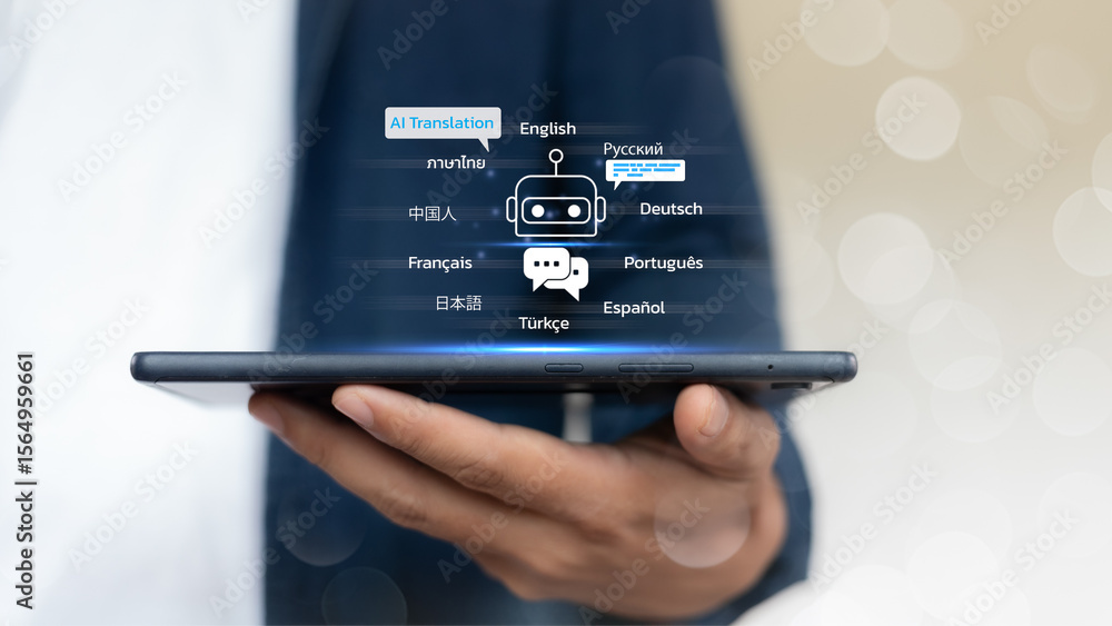 Poster hand holding tablet with ai translation chatbot interface, supporting multilingual communication and