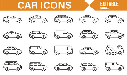 Various Car and Vehicle Icons Including Pickup, SUV, and Commercial Truck