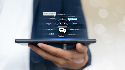 Hand holding tablet with AI translation chatbot interface, supporting multilingual communication...