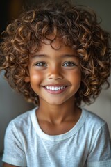 Adorable boy with curly hair sharing a beautiful and heartwarming smile