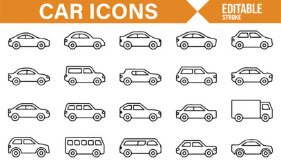 Icon Set Featuring Different Types of Cars, Trucks, and Vans for Web and App Design