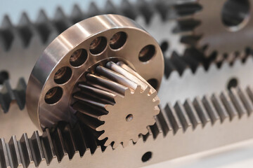 industrial  collection of metal gears and screws. Concept of precision and technicality, as the...