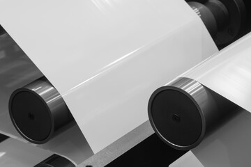 A machine with a roll of polyethylene plastic film on it. The machine is in a factory. industrial...