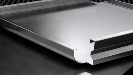 Bending sheet metal on hydraulic machine in factory. Industrial metalworking concept background.