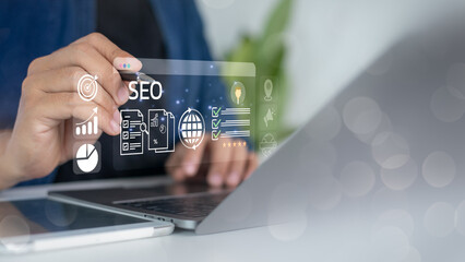 Digital marketing expert analyzing SEO optimization strategy on virtual interface for website...