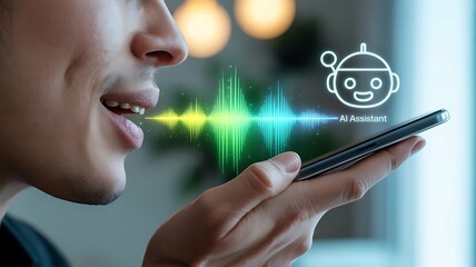 Man using voice recognition on smartphone, AI assistant interface displayed.