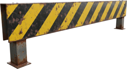 A heavily rusted yellow and black striped safety barrier featuring worn paint and two sturdy metal support posts