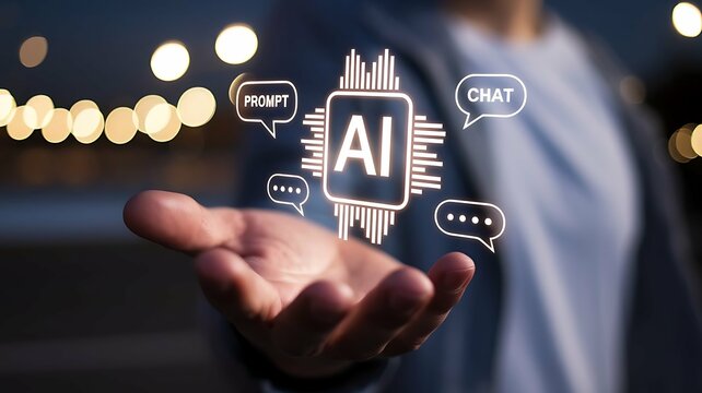 Person holding an AI symbol with prompt and chat bubbles floating above their open hand, suggesting technology and communication.