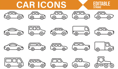 Vector Set of Car Icons Including Sedan, Van, SUV, and Delivery Truck for Design Use