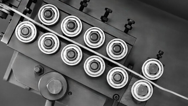 Part of industrial machine with drive for metal wire for metal for 3D printing, innovation in industry concept background