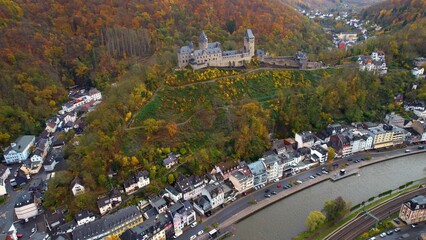 Aerial panoramic view around the old town of the city Altena on a cloudy autumn day.