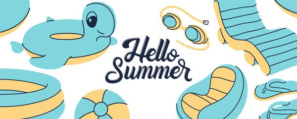 Hello Summer banner with cute pool floats and swimming accessories. Pool party design.