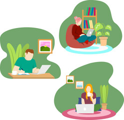 Flat Illustration Set of People Working from Home. A set of three flat design vector illustrations depicting people working remotely from home in different cozy settings, ideal for blog articles, webs