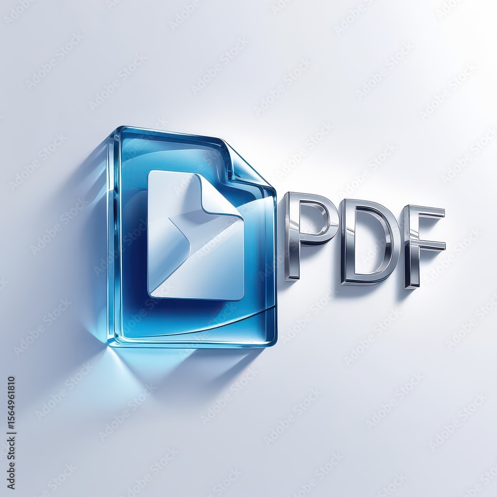 Fototapete 3d rendered graphic featuring a transparent blue pdf file icon with polished chrome pdf text on a wh
