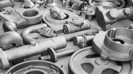 Collection of metal parts, including nuts and bolts. Some of the parts are silver and some are...