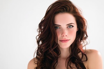 Naklejka premium Stunning woman portrait. Red curly hair, freckles, green eyes. Perfect for beauty, fashion, and cosmetic advertising.