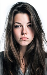 Fototapeta premium Close-up portrait of a young woman with long brown hair. Pensive mood. Ideal for beauty, fashion, and emotional themes. Perfect for websites, magazines, and advertising.