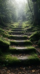 Moss-covered stone steps in a misty forest.