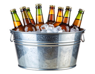  Rustic Metal Bucket with Chilled Beer Bottles and Ice Cubes, Isolated on Transparent Background
