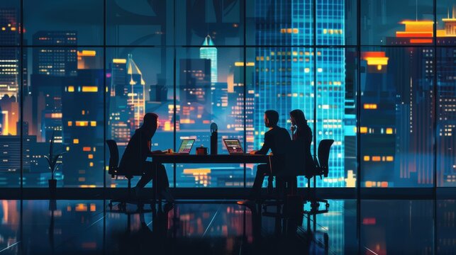 Business people, meeting and laptop in office at night for project development, collaboration or conversation. Discussion, diversity and employees with deadline for teamwork, planning or support