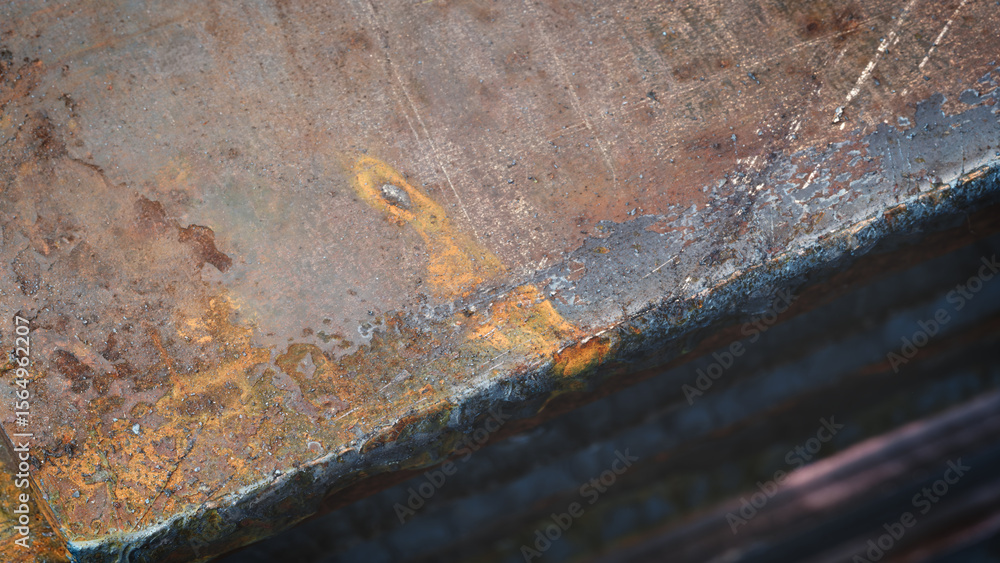 Poster stack of metal sheets with rust. plates are stacked on top of each other and have traces of laser pl
