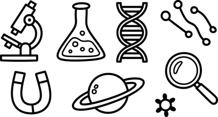 Science lab equipment vector illustration, microscope, flask, dna, magnet, planet and magnifying glass