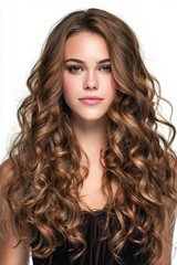 Naklejka premium Stunning portrait of a woman with long, curly brown hair. Perfect for beauty, haircare, and fashion advertising. Ideal for websites, magazines, and social media.